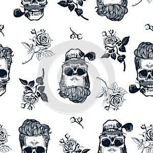 Hipster seamless pattern with skulls silhouettes, flowers roses. Sculls in vintage engraving style. Mustache, beard