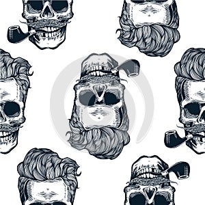 Hipster seamless pattern with skulls silhouettes, Skull silhouette in vintage engraving style mustache, beard, tobacco pipes.