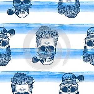 Hipster seamless pattern with skulls silhouettes watercolor stripes at the background.