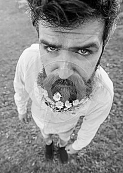 Hipster on serious face stand on grass, close up, defocused. Natural beauty concept. Man with beard and mustache enjoy