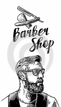 Hipster shave haircut in the BarberShop. Vector black and white illustrations and typography elements. Hand drawn