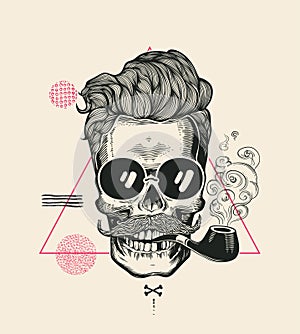 Hipster Skull Smoke Pipe Vector Illustration Print. Cool Mustache Skeleton Face in Sunglasses. Urban Modern Hair T-Shirt