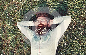 Hipster on smiling face lays on grass, top view. Man with beard and mustache enjoys spring, green meadow background