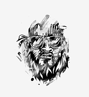 Hipster smoker man. Hand-drawn hipster dude with mustache and beard. Weed Cigarette photo