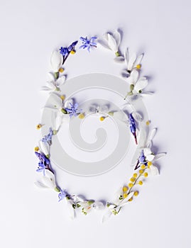 Hipster Style Greeting Card to International Women`s Day, March 8th. White and blue Snowdrop flowers in eight figure.