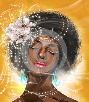 Hipster style Young sexy dark skin women with floral wreath, Pop art beautiful Afro american bride, Girl avatar face, Digital