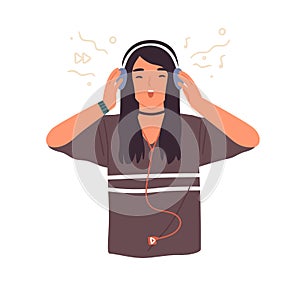 Hipster teenage girl singing and listening to music in headphones, using mp3 player vector flat illustration. Teen