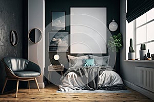 Hipster teenager or student room interior and white poster mockup on the wall. AI generated.