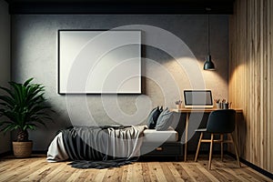 Hipster teenager or student room interior and white poster mockup on the wall. AI generated.