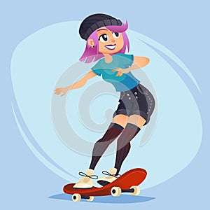 Hipster Tough trendy skateboard girl woman with Attitude Flat style vector cartoon illustration