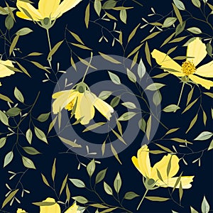 Hipster travel leaf seamless pattern. Hand drawn blue vector background. Vintage floral print of big yellow flowers cosmey