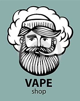 Hipster with vape and cloud. isolated vaper men on black vector background. Hand-drawn hipster dude with mustache and photo