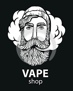 Hipster with vape and cloud. isolated vaper men on black vector background. Hand-drawn hipster dude with mustache and