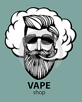 Hipster with vape and cloud. isolated vaper men on black vector background. Hand-drawn hipster dude with mustache and
