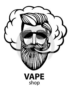 Hipster with vape and cloud. isolated vaper men on black vector background. Hand-drawn hipster dude with mustache and