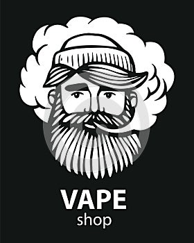 Hipster with vape and cloud. isolated vaper men on black vector background. Hand-drawn hipster dude with mustache and