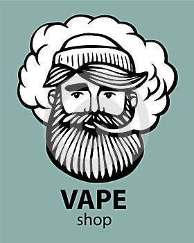 Hipster with vape and cloud. isolated vaper men on black vector background. Hand-drawn hipster dude with mustache and