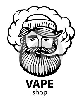 Hipster with vape and cloud. isolated vaper men on black vector background. Hand-drawn hipster dude with mustache and