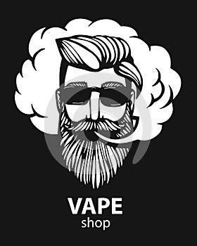 Hipster with vape and cloud. isolated vaper men on black vector background. Hand-drawn hipster dude with mustache and photo