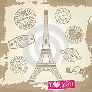 Hipster or vintage postcard background - Eiffel Tower with love prints