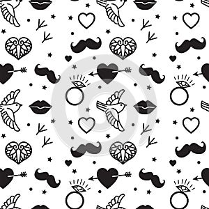 Hipster Vintage Seamless Pattern Vector On A White Background. Heart, Lips, Mustache, Jewels, Bird Images Pattern.