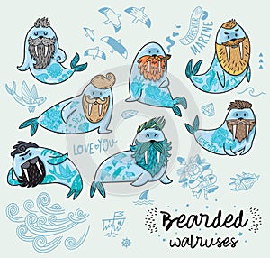 Hipster walruses with beards and tattoos in cartoon style. Vector illustration