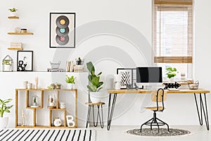 Hipster, white home office interior with natural, wooden furniture, industrial elements, green plants and a computer on a big desk