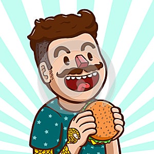 Hipster white man eating hamburger