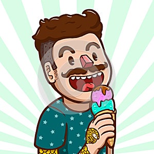 Hipster white man eating ice cream cone