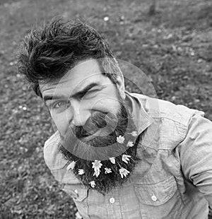 Hipster on winking face sits on grass, defocused. Man with beard enjoys spring, green meadow background. Spring season