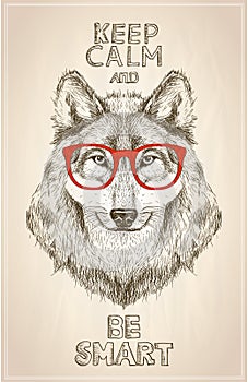 Hipster wolf portrait with glasses, hand drawn graphic illustartion