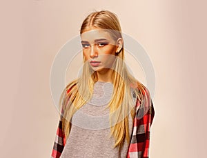 Hipster woman with fashion makeup. Beauty and fashion look of vogue model. Hip hop girl with fashionable hair. woman