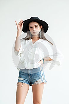 Hipster woman trendy summer outfit pretty lady