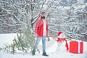 Hipster woodsman with Christmas tree. Woodcutter with axe in the winter forest. Bearded man with freshly cut down