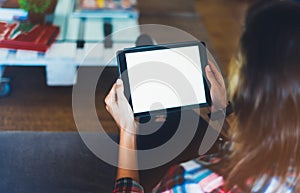 Hipster working  mockup screen tablet technology, workplace at home, isolation person holding computer with blank screen