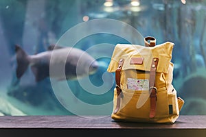 Hipster yellow backpack and map closeup. View from front tourist traveler bag on background blue sea aquarium. Person hiker visit