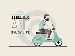 Hipster young bearded man character with retro blue scooter. Urban modern lifestyle abstract vector post card