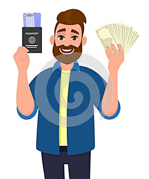 Hipster young man showing passport with tickets and cash, money. Trendy bearded person holding a boarding pass and currency notes