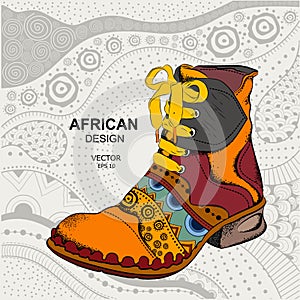 Hipster youth shoes. Ethnic boot. African design. Vector illustration