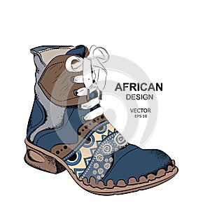 Hipster youth shoes. Ethnic boot. African design. Vector illustration