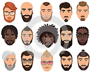 Hipsters stylish bearded men with different color hairstyles, mustaches, beards isolated.