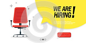We are hiring, banner concept, vacant position. Empty office chair as a sign of free vacancy isolated on a white background. Send