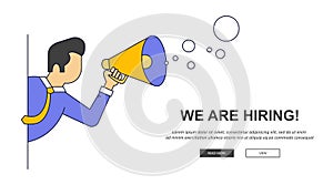 We are hiring banner. Find the right person for the job concept. Hiring and recruiting new employees. Flat vector