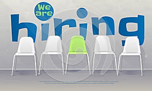 We are hiring banner. Vacant chairs near office wall