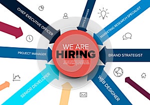 We are hiring blue and red minimalistic flyer template with position names on arrows