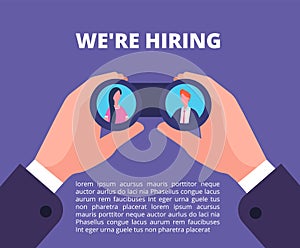 We are hiring concept. Businessman, recruiter hands holding binocular with employees in lenses. Recruiting vector poster photo