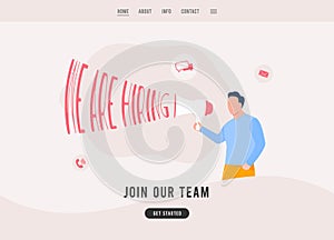 We are hiring concept. Search for employees, job offer flat design vector landing page template concept. Join our team -