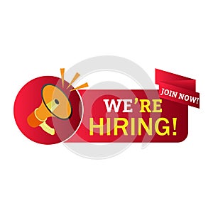 We are Hiring design with mike speaker, red, white, and yellow text effect on white background. Business recruiting concept with