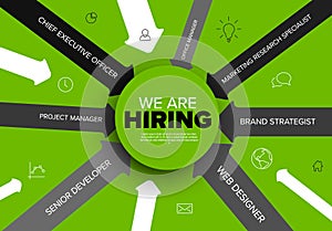 We are hiring green minimalistic flyer template with position names on dark arrows