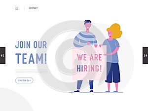 We are hiring illustration concept, job recruitment people characters holding banner , for landing page, social media template, ui